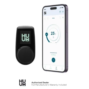 HUUM Wi-Fi Classic Black juhtpaneel HUUM logo kuvaga nutitelefoni rakenduse liidese kõrval, temperatuuriks kuvatakse 23°C.