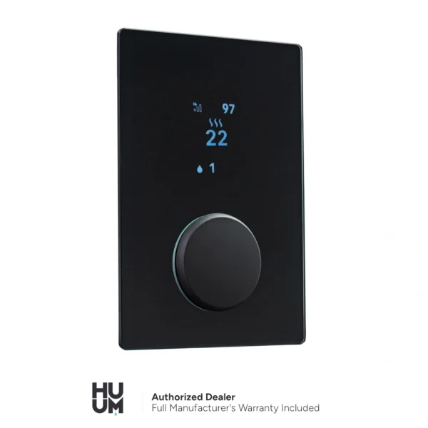HUUM Wi-Fi Glass Black control panel with a modern, sleek design, displaying a temperature of 22°C.