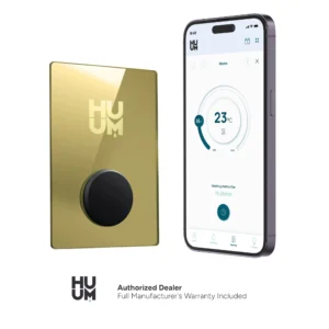 HUUM UKU Wi-Fi gold sauna control panel and a smartphone displaying the app interface with precise temperature settings.