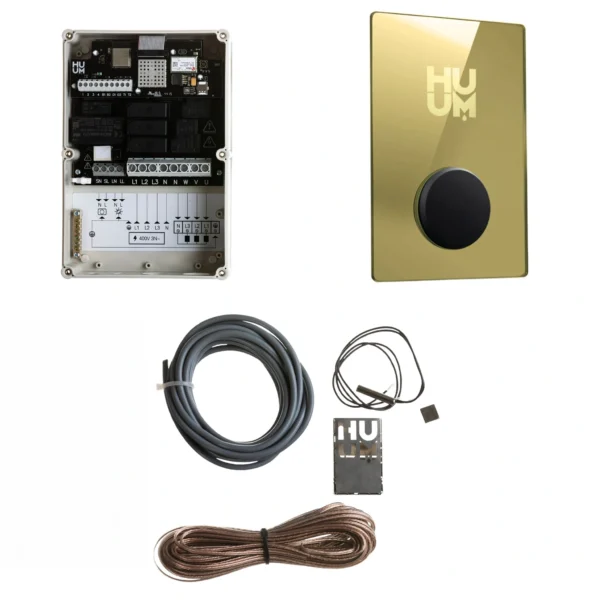 HUUM UKU Wi-Fi gold sauna control set, including a gold control panel, wiring, temperature sensor, and connection box for complete sauna management.