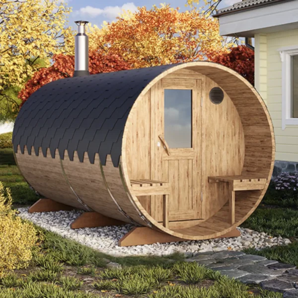 "4m" S4PV Barrel sauna for 4 persons with dressing room and outside seats