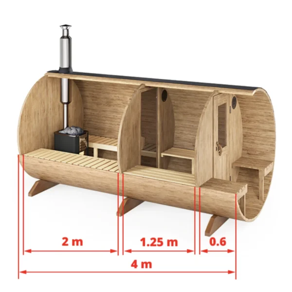 "4m" S4PV Barrel sauna for 4 persons with dressing room and outside seats - Image 6