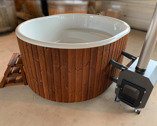 2.0x2.4m oval hot tub with fiberglass interior, external stove - Image 3