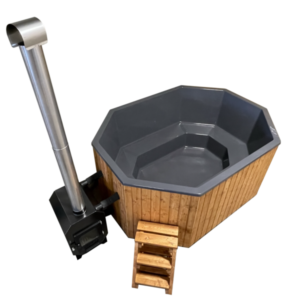 2.1x2.8 m 8-cornered hot tub with fiberglass interior and external stove