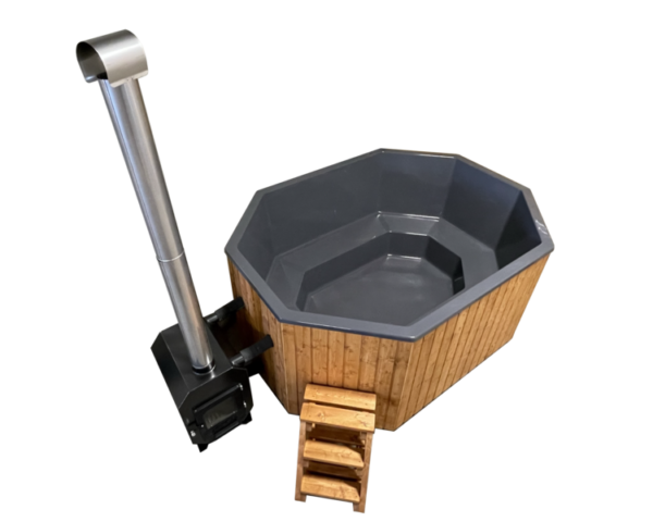 2.1x2.8 m 8-cornered hot tub with fiberglass interior and external stove