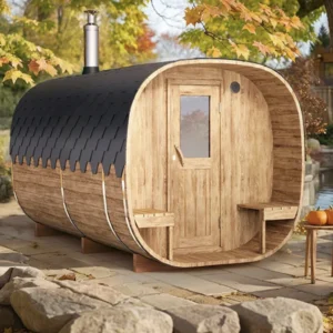 "4m" SQR4PV Cube barrel sauna with dressing room and outside seats for 4 persons