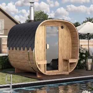 "2.4m" SQR2V Cube barrel sauna with outside seats 2.4m for 4 persons