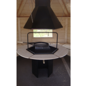 Grill house fire pit with flue and chimney