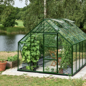 Greenhouse Halls Universal 9.9 m² with a green frame and glass