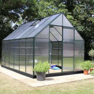 Greenhouse Halls Universal 9.9 m² with a green frame and polycarbonate panels