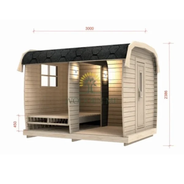 3-meter wooden camping pod with black shingle roof, open seating area, window, and door, designed for outdoor leisure and relaxation.