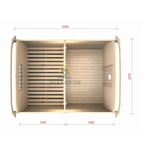 Top view layout of a 3-meter wooden camping pod, showcasing dimensions and partitioned interior design with versatile functionality.