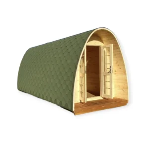 Wooden camping pod with arched roof, glass double doors, and front deck, ideal for outdoor accommodation or retreats.