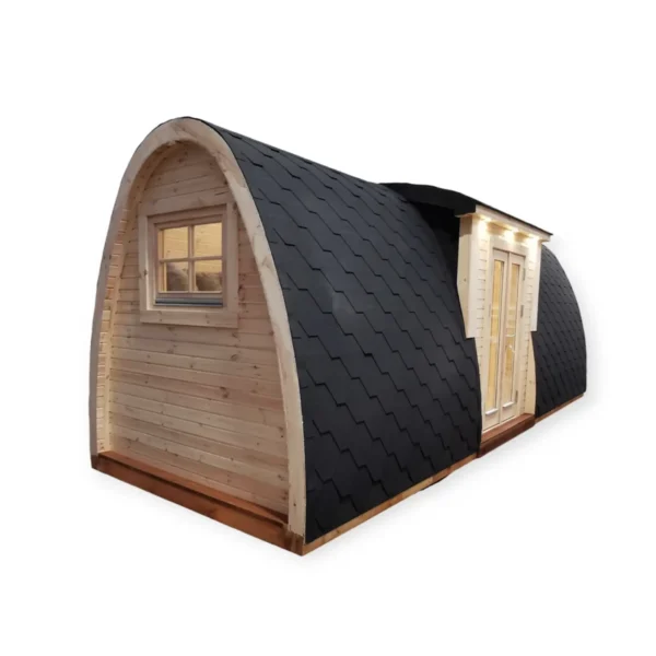 Insulated camping pod with black shingle roof, wooden walls, double doors, and a side window, perfect for year-round outdoor use.