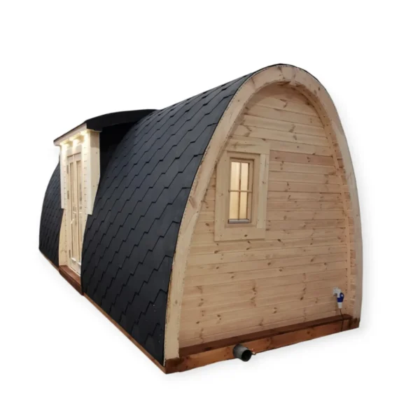 Insulated camping pod with black shingle roof, wooden walls, double doors, and a side window, perfect for year-round outdoor use.