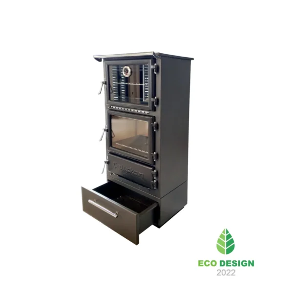 Freestanding Caliskan 306-BOX wood burning cookstove with oven, drawer open, EcoDesign 2022 certified.