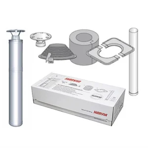 Stainless steel chimney kit with pipe, rain cap, rubber flange, ceiling flange, insulation, and Harvia-branded box.
