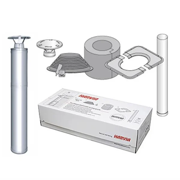 Stainless steel chimney kit with pipe, rain cap, rubber flange, ceiling flange, insulation, and Harvia-branded box.