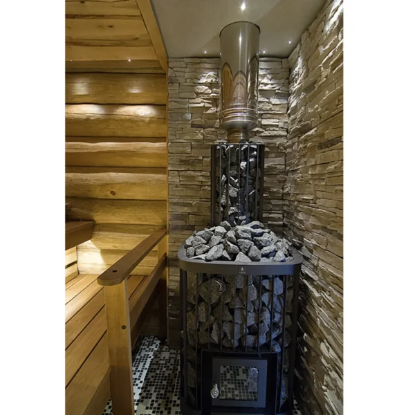 Sauna heater with stones and a Harvia stainless steel modular chimney system installed above it.