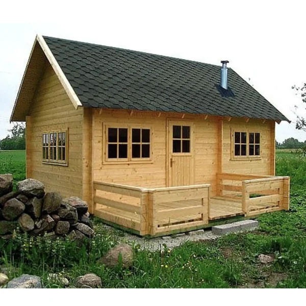 Wooden sauna cabin in a yard with a Harvia stainless steel chimney installed through the roof.