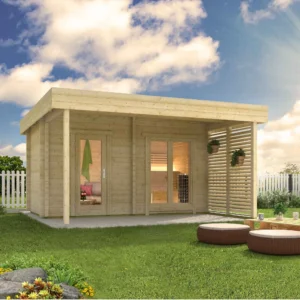Hiid Sauna – A compact and modern outdoor sauna made from Nordic spruce, featuring ergonomic benches, stylish windows, and weather-resistant construction.