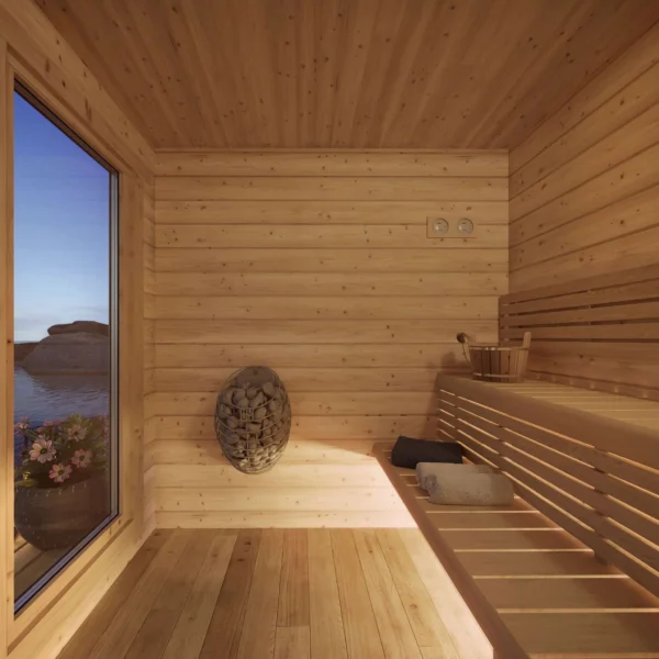 Hiid Sauna – A compact and modern outdoor sauna made from Nordic spruce, featuring ergonomic benches, stylish windows, and weather-resistant construction.