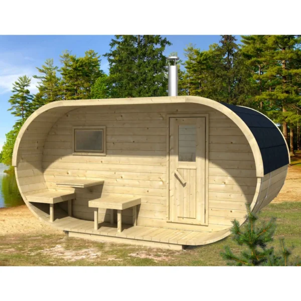 Lumikki Sauna – Toimiva ja tyylikäs ulkosauna tilavalla sisustuksella, erillisellä pukuhuoneella ja terassilla, valmistettu laadukkaasta pohjoismaisesta kuusesta.