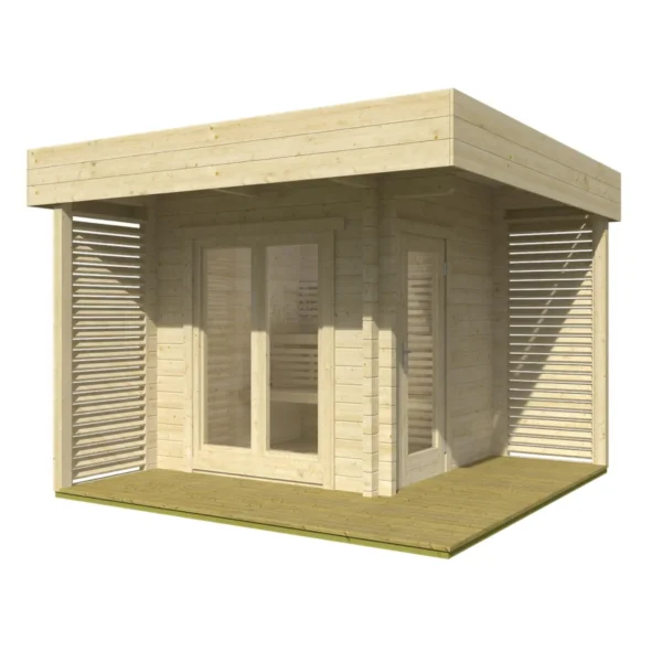 Mattias Sauna 3340x3340 mm – Modern outdoor sauna crafted from Nordic spruce, featuring glass windows, a glass door, and a weather-resistant roof covering.