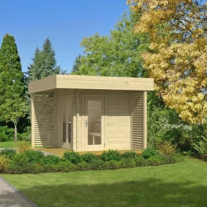 Mattias Sauna 3340x3340 mm – Modern outdoor sauna crafted from Nordic spruce, featuring glass windows, a glass door, and a weather-resistant roof covering.