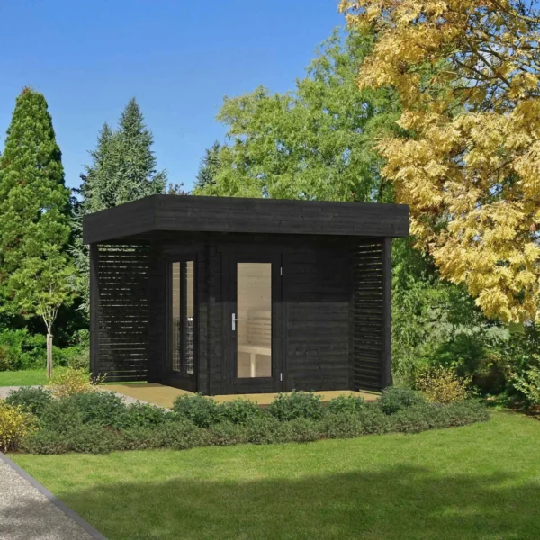 Mattias Sauna 3340x3340 mm – Modern outdoor sauna crafted from Nordic spruce, featuring glass windows, a glass door, and a weather-resistant roof covering.