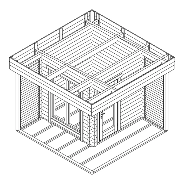 Mattias Sauna 3340x3340 mm – Modern outdoor sauna crafted from Nordic spruce, featuring glass windows, a glass door, and a weather-resistant roof covering.