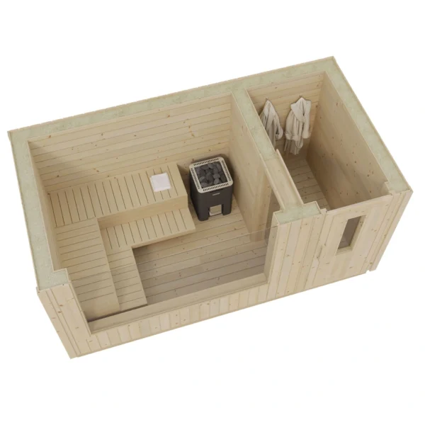 Aada L sauna, fully assembled and insulated, measuring 4.4 x 2.2 m. Features an additional room, large panoramic window, and ergonomic benches for year-round outdoor relaxation.