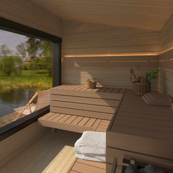 Aada L sauna, fully assembled and insulated, measuring 4.4 x 2.2 m. Features an additional room, large panoramic window, and ergonomic benches for year-round outdoor relaxation.