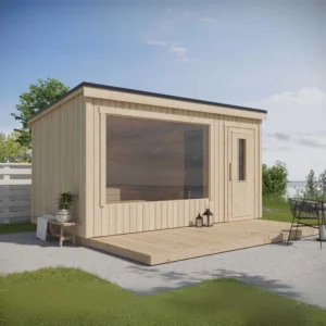 Aada L sauna, fully assembled and insulated, measuring 4.4 x 2.2 m. Features an additional room, large panoramic window, and ergonomic benches for year-round outdoor relaxation.