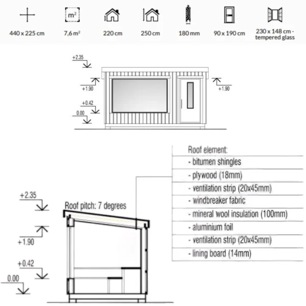 Aada L sauna, fully assembled and insulated, measuring 4.4 x 2.2 m. Features an additional room, large panoramic window, and ergonomic benches for year-round outdoor relaxation.