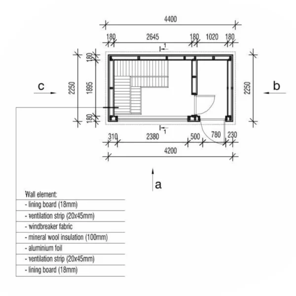 Aada L sauna, fully assembled and insulated, measuring 4.4 x 2.2 m. Features an additional room, large panoramic window, and ergonomic benches for year-round outdoor relaxation.