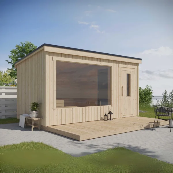 Aada L sauna, fully assembled and insulated, measuring 4.4 x 2.2 m. Features an additional room, large panoramic window, and ergonomic benches for year-round outdoor relaxation.
