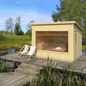 Aada sauna, fully assembled and insulated, 3.2 x 2.4 m. Features a large panoramic window, ergonomic benches, and durable materials for year-round relaxation in your outdoor space.