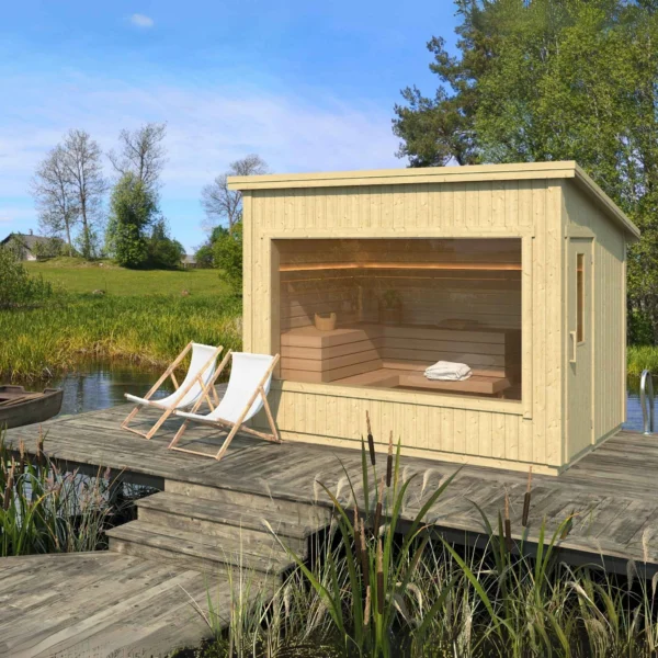 Aada sauna, fully assembled and insulated, 3.2 x 2.4 m. Features a large panoramic window, ergonomic benches, and durable materials for year-round relaxation in your outdoor space.
