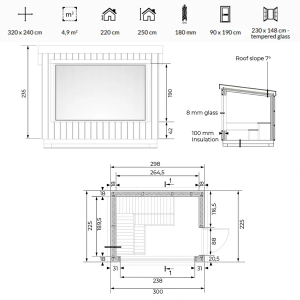 Aada sauna, fully assembled and insulated, 3.2 x 2.4 m. Features a large panoramic window, ergonomic benches, and durable materials for year-round relaxation in your outdoor space.