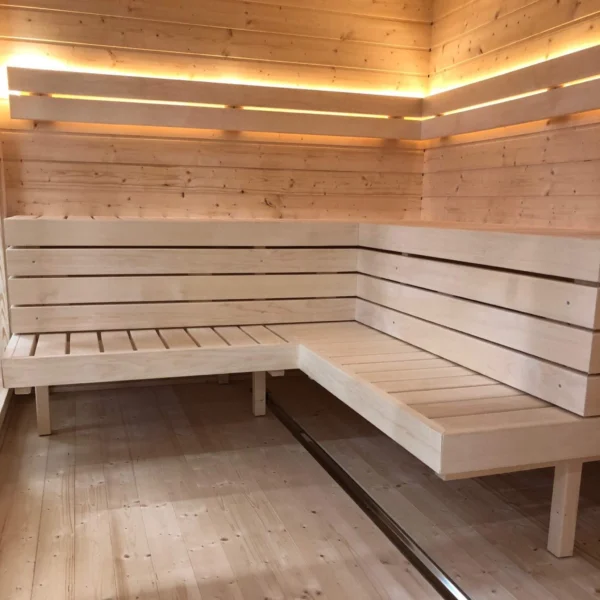 Aada sauna, fully assembled and insulated, 3.2 x 2.4 m. Features a large panoramic window, ergonomic benches, and durable materials for year-round relaxation in your outdoor space.