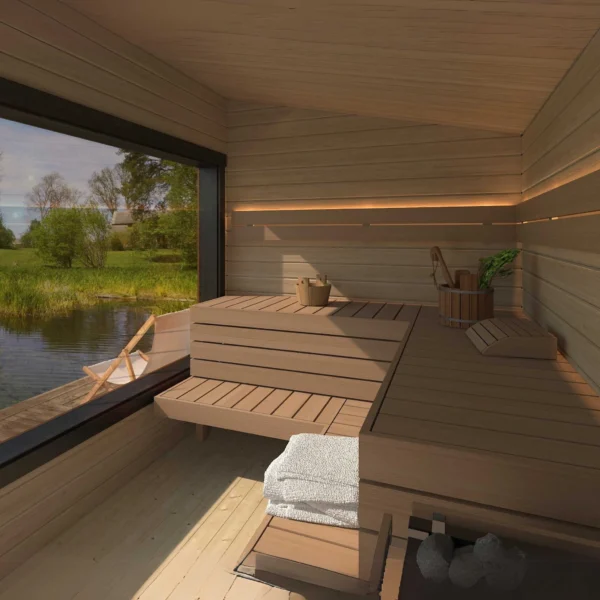 Aada sauna, fully assembled and insulated, 3.2 x 2.4 m. Features a large panoramic window, ergonomic benches, and durable materials for year-round relaxation in your outdoor space.
