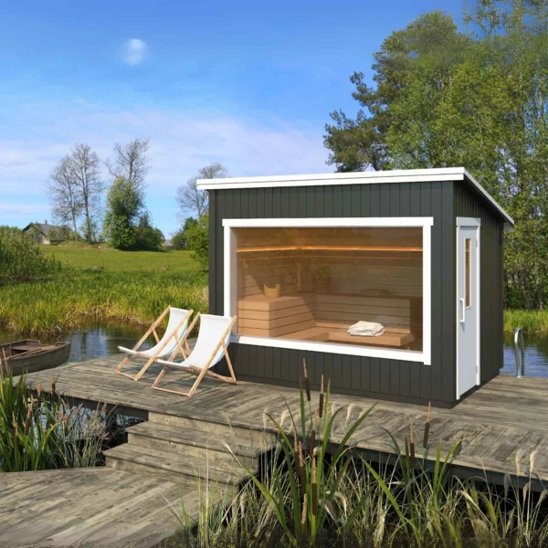 Aada sauna, fully assembled and insulated, 3.2 x 2.4 m. Features a large panoramic window, ergonomic benches, and durable materials for year-round relaxation in your outdoor space.