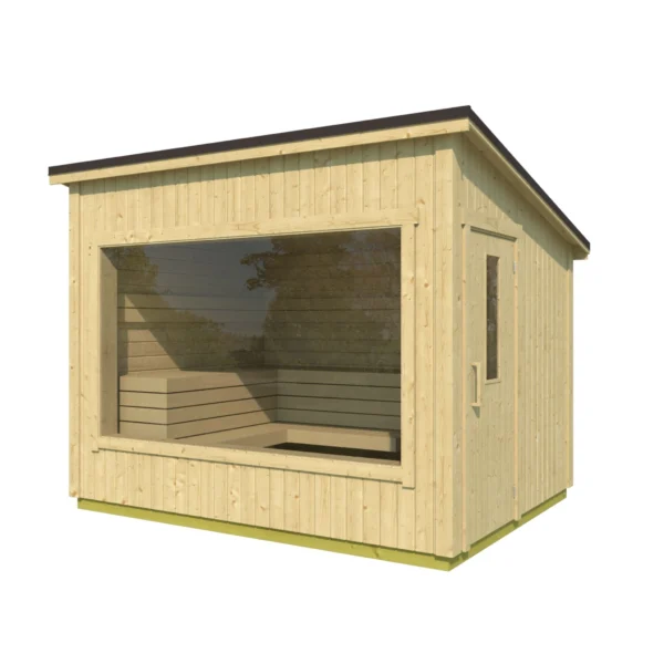 Aada sauna, fully assembled and insulated, 3.2 x 2.4 m. Features a large panoramic window, ergonomic benches, and durable materials for year-round relaxation in your outdoor space.