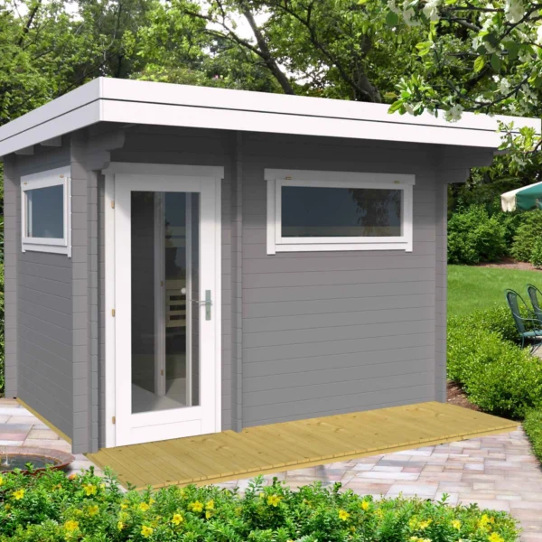 Ahti L Flat sauna with a flat roof, 3.4 x 2.3 m, featuring 50mm thick walls and a customizable additional room for shower or changing purposes. Designed with insulated roof elements for excellent thermal performance, perfect for modern outdoor spaces.