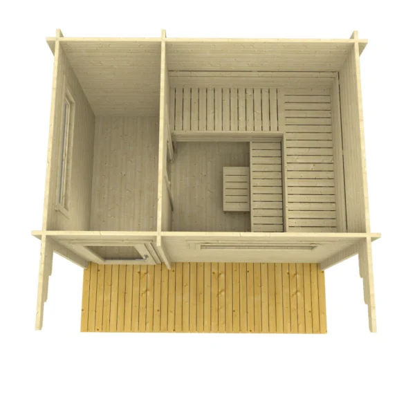 Ahti L Flat sauna with a flat roof, 3.4 x 2.3 m, featuring 50mm thick walls and a customizable additional room for shower or changing purposes. Designed with insulated roof elements for excellent thermal performance, perfect for modern outdoor spaces.