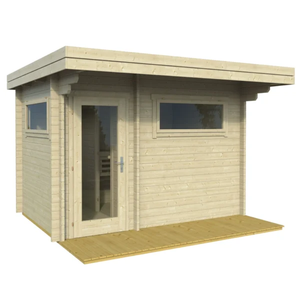 Ahti L Flat sauna with a flat roof, 3.4 x 2.3 m, featuring 50mm thick walls and a customizable additional room for shower or changing purposes. Designed with insulated roof elements for excellent thermal performance, perfect for modern outdoor spaces.