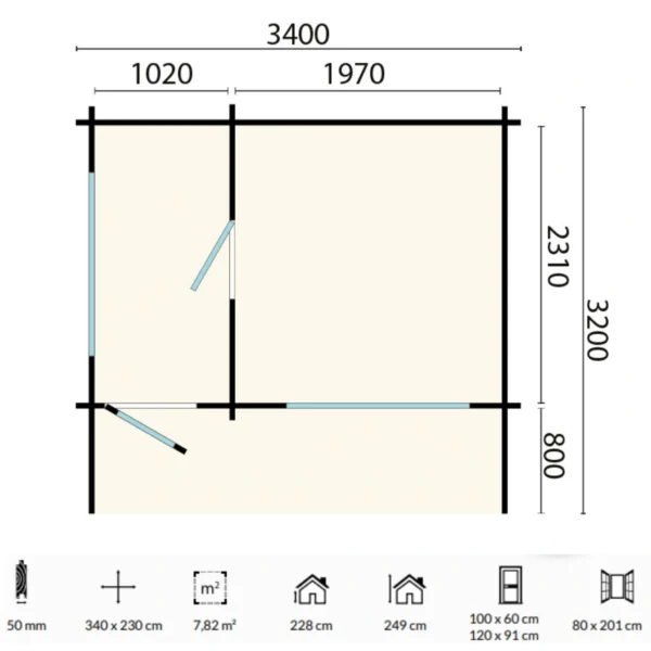 Ahti L Flat sauna with a flat roof, 3.4 x 2.3 m, featuring 50mm thick walls and a customizable additional room for shower or changing purposes. Designed with insulated roof elements for excellent thermal performance, perfect for modern outdoor spaces.