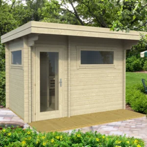 A sleek and modern Ahti XL Flat sauna with 70mm walls, measuring 3.4 x 2.3m. Features a sauna room and a customizable smaller room. Built from durable Nordic spruce with a flat roof, designed for Nordic climates.