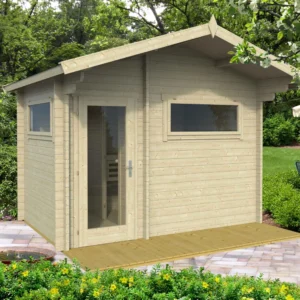 A beautifully designed Ahti L sauna measuring 3.4 x 2.3m, featuring a sauna room and a customizable smaller room. Built from durable Nordic spruce, with insulated roof elements for year-round comfort.